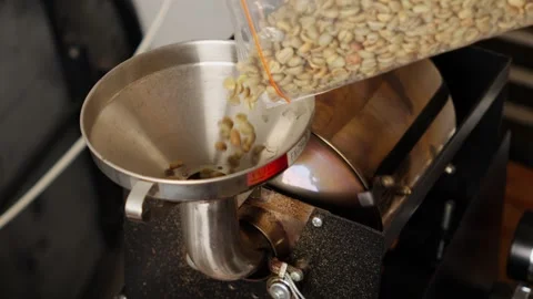 Coffee Beans Roasting Process, Pouring Raw Unroasted Seeds Into Coffee Stock Footage 275014068