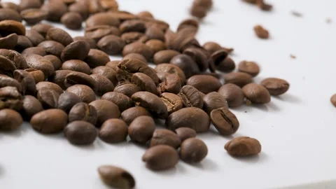 Coffee beans Rolling on white background Stock Footage 258760643