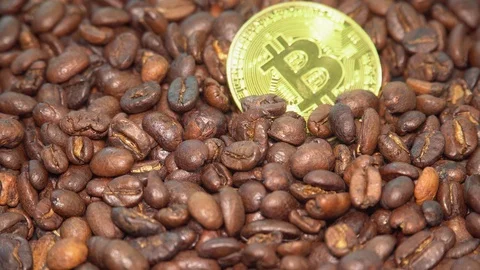 Coffee Beans Rotating with Digital Cryptocurrency Bitcoin Stock Footage 95492424