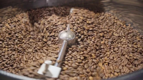 Coffee Beans Rotating in Industrial Roasting Machine 스톡 동영상 333506765