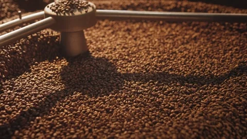 Coffee beans rotating inside cooling tray under moving metal arms of industrial Stock Footage 315750926