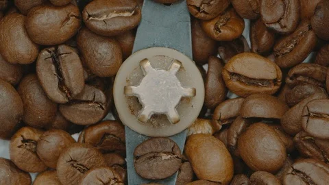 Coffee beans rotating in slow motion in a coffee grounder machine Vídeo Stock 98498239