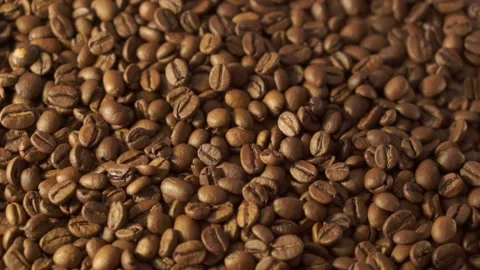 Coffee beans in rotation. Mixed Robusta and Arabica roasted Coffee beans. Co Stock Footage 195158916