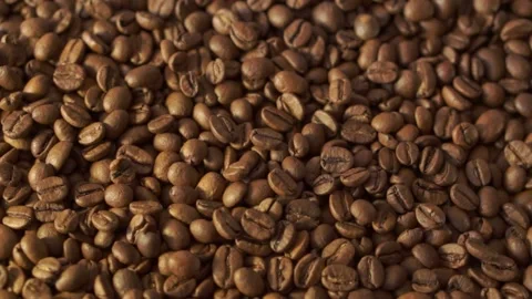 Coffee beans in rotation. Mixed Robusta and Arabica roasted Coffee beans. Co Stock Footage 195158949