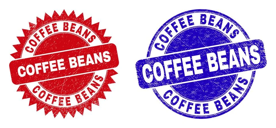 COFFEE BEANS Round and Rosette Stamps with Unclean Texture Illustrazione stock
