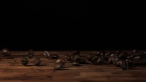 Coffee Beans Rustic Setting - Beans Landing On Table - Slow Motion Stock Footage 154471174