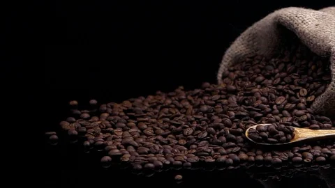Coffee beans with sack and spoon. Stock Footage 122057295