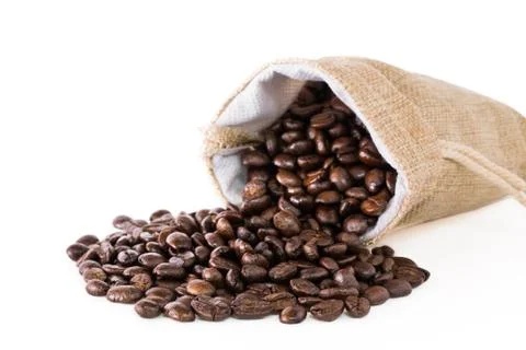 Coffee beans in a sack. Stock Photos