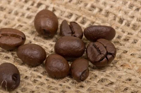 Coffee beans on sack(burlap) Stock Photos
