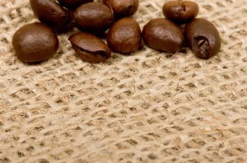 Coffee beans on sack(burlap) Stock Photos