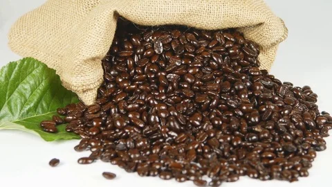 Coffee beans in sackcloth on the table Stock Footage 72709857