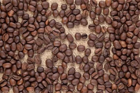 Coffee beans in a sacking background Stock Photos
