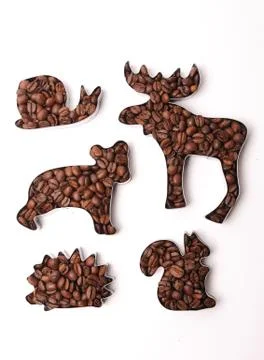 Coffee beans in the shape of animals on a white background Stock Photos