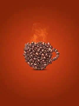 Coffee beans shaped into coffee cup with warm steam. Stock Photos