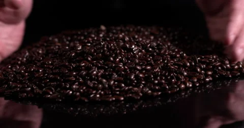 Coffee beans in slow motion sift in hands on a black background Stock Footage 130361700