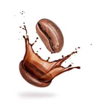 Coffee beans with splashes close-up on white background Stock Photos