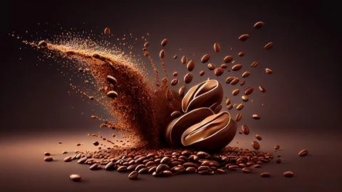 Coffee beans with splashes. Computer digital drawing. Stock Illustration