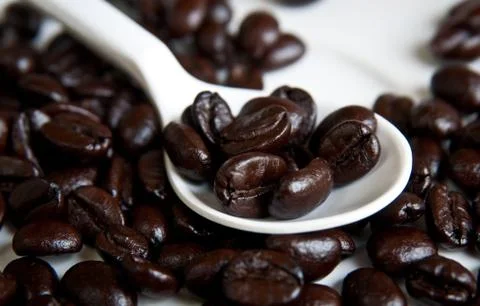 Coffee beans in a spoon . Stock Photos