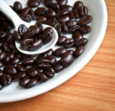 Coffee beans in a spoon . 写真素材