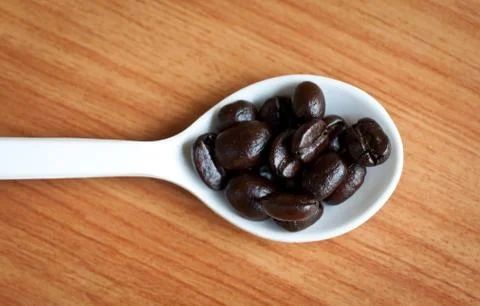 Coffee beans in a spoon . Stock Photos