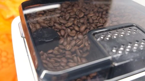 Coffee Beans Vibrating and Falling into Machine Hopper – Close-Up Shot Stock Footage 274896589