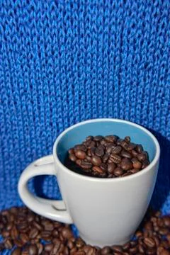 Coffee beans in the white cup on the blue background Stock Photos