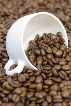 Coffee beans in a white cup, vertical photo of freshly roasted coffee. 库存照片