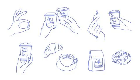 Coffee blue color set. Minimalist monochrome clip art with coffee, pastry. Illustrazione stock