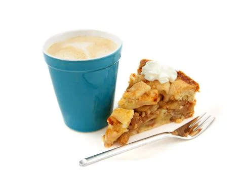 Coffee in blue cup with slice apple pie Stock Photos