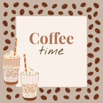 Coffee border frame vector illustration. Iced frappe glasses with whipped c.. 스톡 일러스트