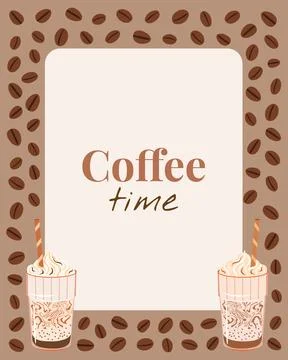 Coffee border frame vector illustration. Iced frappe glasses with whipped c.. 스톡 일러스트