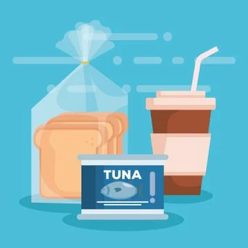 Coffee with bread bag and tuna can Stock Illustration
