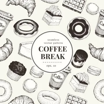 Coffee break banner template. Dessert background. Vector hand drawn seamless Stock Illustration
