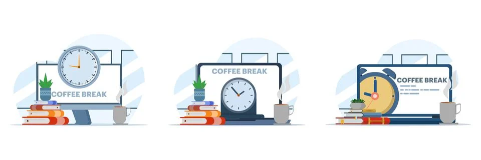 Coffee break concept illustration set with office workers, focusing on wellness. Stock Illustration