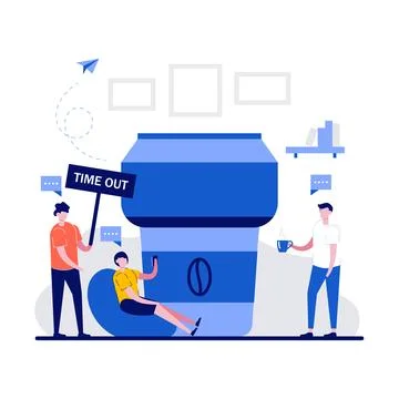 Coffee break concept with tiny character. People holding warning sign with .. Stock Illustration