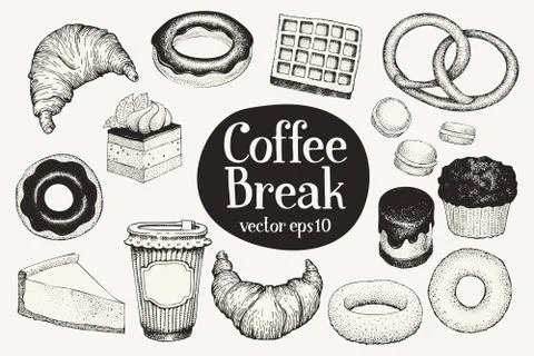 Coffee break. Dessert set. Vector hand drawn illustrations. Food vintage style Stock Illustration