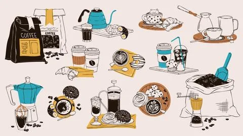 Coffee break doodle vector set with espresso machine, moka pot, drinks, pastries Stock Illustration