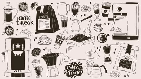 Coffee break doodle vector set with espresso machine, moka pot, drinks, pastries イラスト素材