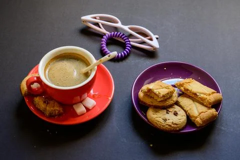 Coffee break during working day, creative people, advertising business concep Stock Photos