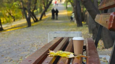 Coffee break on empty bench in autumn park, blurred couple at walkway on backgr Video stock 204860204