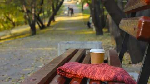 Coffee break on empty bench in autumn park, blurred couple at walkway on backgr Video stock 204860259