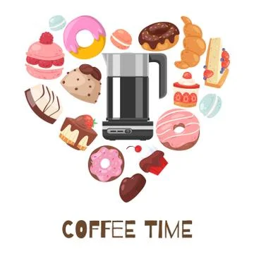 Coffee break heart shape vector illustration with chocolate muffins, biscuits Stock Illustration