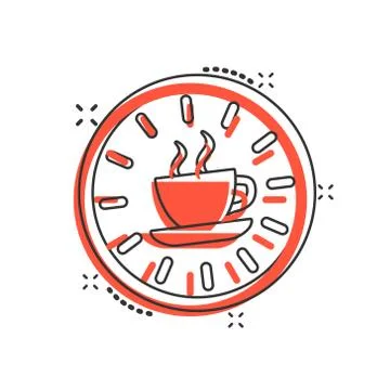Coffee break icon in comic style. Clock with tea cup cartoon vector illustrat Ilustración de archivo