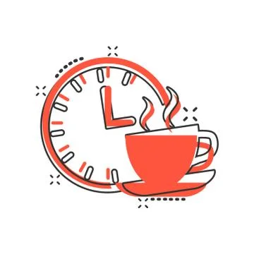 Coffee break icon in comic style. Clock with tea cup cartoon vector illustrat Illustrazione stock