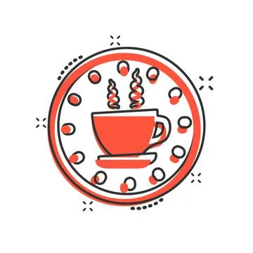 Coffee break icon in comic style. Clock with tea cup cartoon vector illustrat Ilustración de archivo