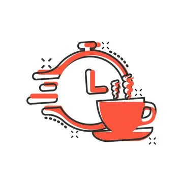 Coffee break icon in comic style. Clock with tea cup cartoon vector illustrat Illustrazione stock