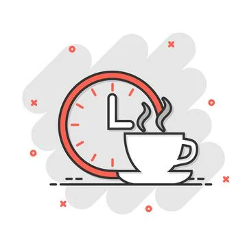 Coffee break icon in comic style. Clock with tea cup cartoon vector illustrat Illustrazione stock