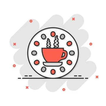 Coffee break icon in comic style. Clock with tea cup cartoon vector illustrat Illustrazione stock
