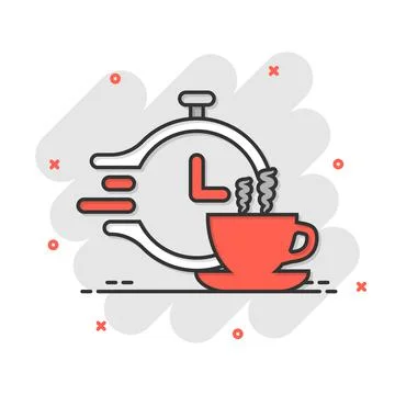 Coffee break icon in comic style. Clock with tea cup cartoon vector illustrat 스톡 일러스트