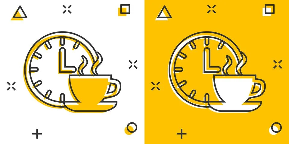 Coffee break icon in comic style. Clock with tea cup cartoon vector illustrat Illustrazione stock